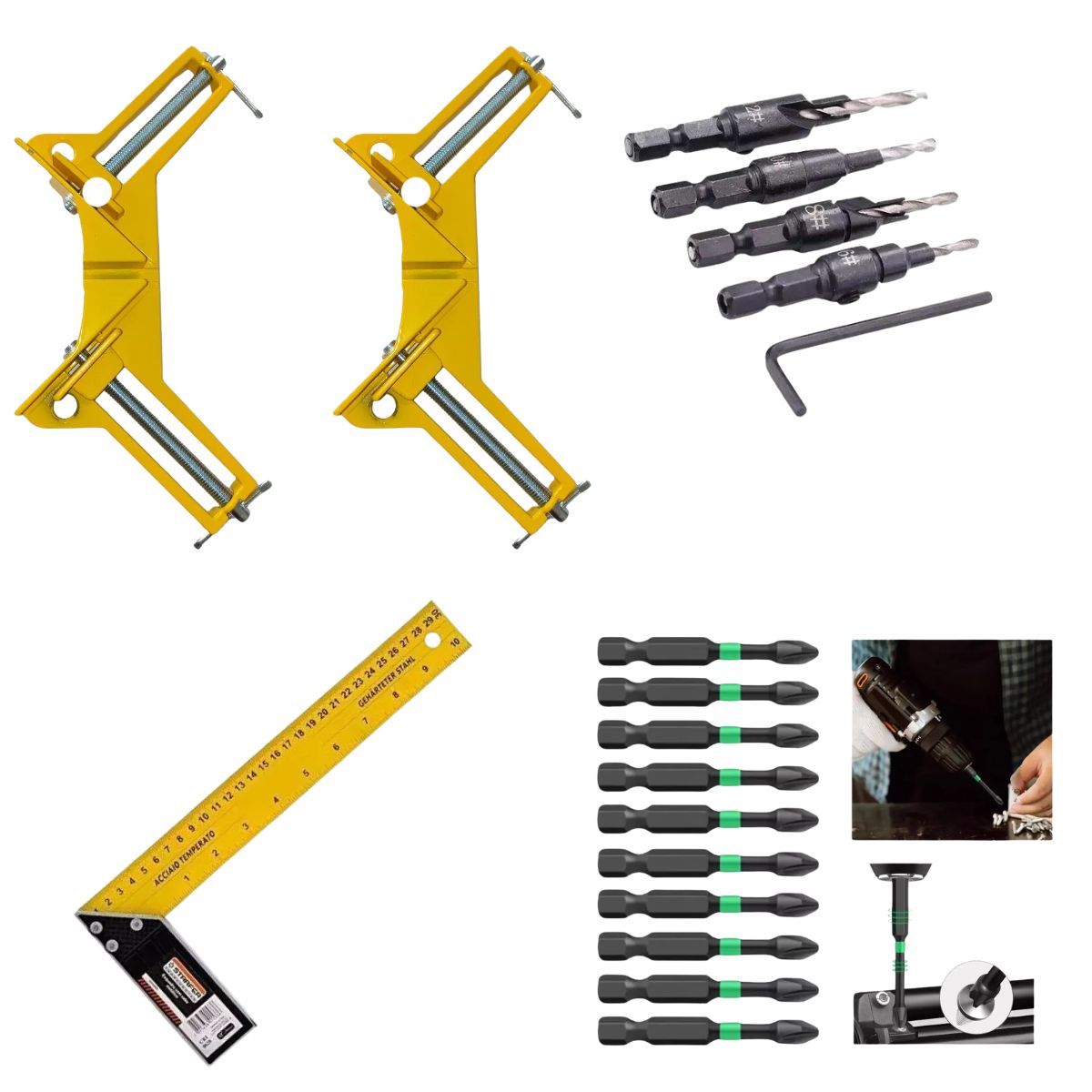 Kit De Ensamble, 10 Puntas Ph2, 4 Avellanadoras, 2 Prensa Esquinera, 1 Escuadra + REGALO
